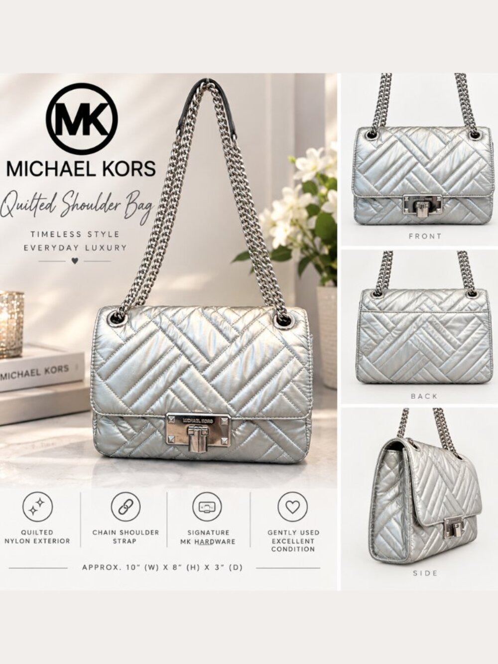 Michael Kors Peyton Silver Quilted Flap Shoulder Bag Chain Strap